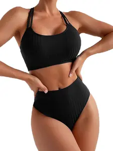 2026 New Sexy Black High Waist Two Piece Bikini Set, Cross-Back Hollow Out Design, Split Swimsuit for Women, All Seasons Fitted Swimwear,Push Up Swimwear Cut-out Beachsuit . Casual Solid Criss Cross Backless Bathing Suit, Swim Tank Top