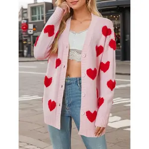 Women'sOversizedCardiganFuzzyHeartEmbroideryLongSleeveVNeckButtonDownKnitSweaterOutwearShortOuterWearLongSleeveSweater
