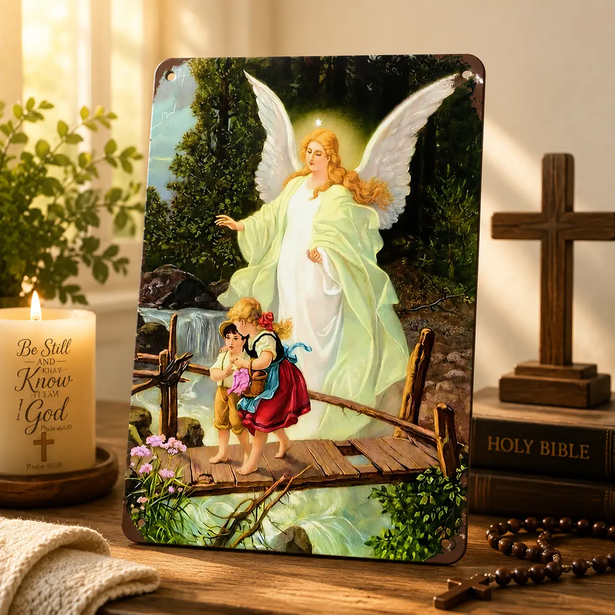 Guardian Angel Metal Wall Sign, Vintage Christian Decor, Angel Protection Wall Art for Nursery, Bedroom & Prayer Room, Religious Faith Gift for Family, 8x12 Inch retro wall art decor