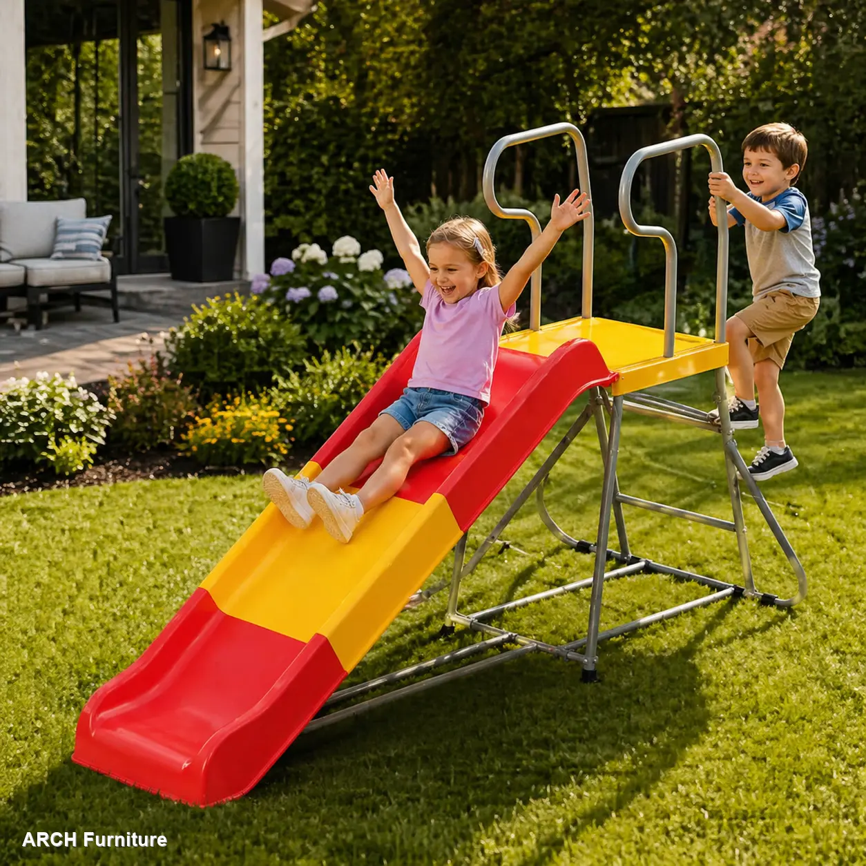 2-in-1 Kids Steel Climbing Slide, Durable Outdoor Play Equipment for 3-8 Years Old, 76.4-in Smooth Track, Anti-Slip Steps, Sturdy Build, Easy Assembly, Indoor & Backyard Use