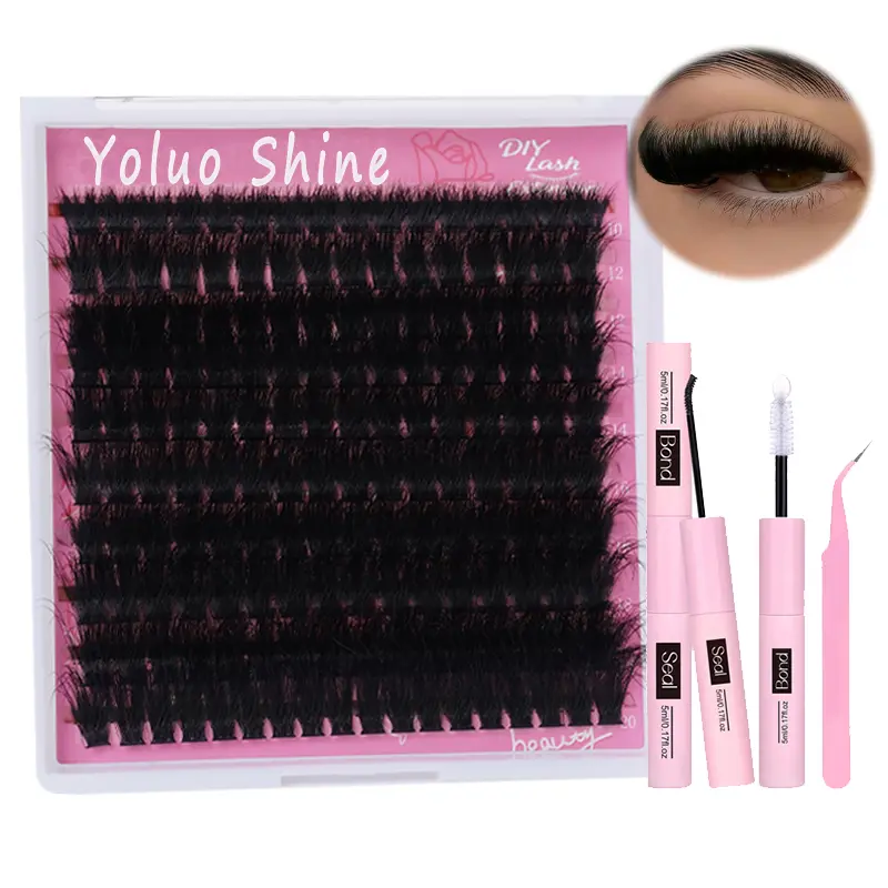 Lash Extension Kit Lash Clusters Kit Thick Eyelash Extension Kit 10-20mm Fluffy Volume Lash Clusters 200D Individual Eyelashes Kit with Lashes Bond, Lash Tweezers, DIY Lash Extension