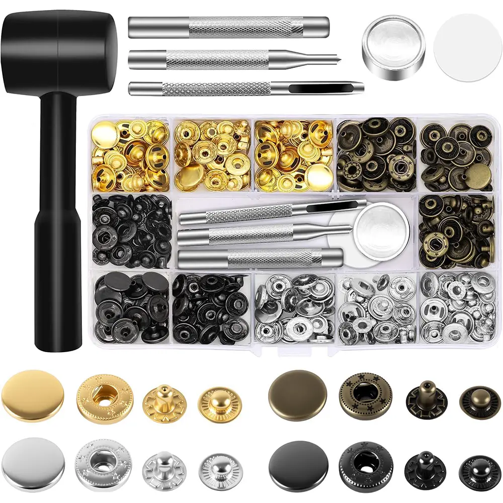 90 Sets Metal Snaps Fasteners Button with Hammer Punch Spacer, Leather Snap Button Kits with 4 Setter Tools, DIY Crafts, Suitable for Thin Clothes, Jackets, Jeans Wears, Bracelets, Bags (15mm)