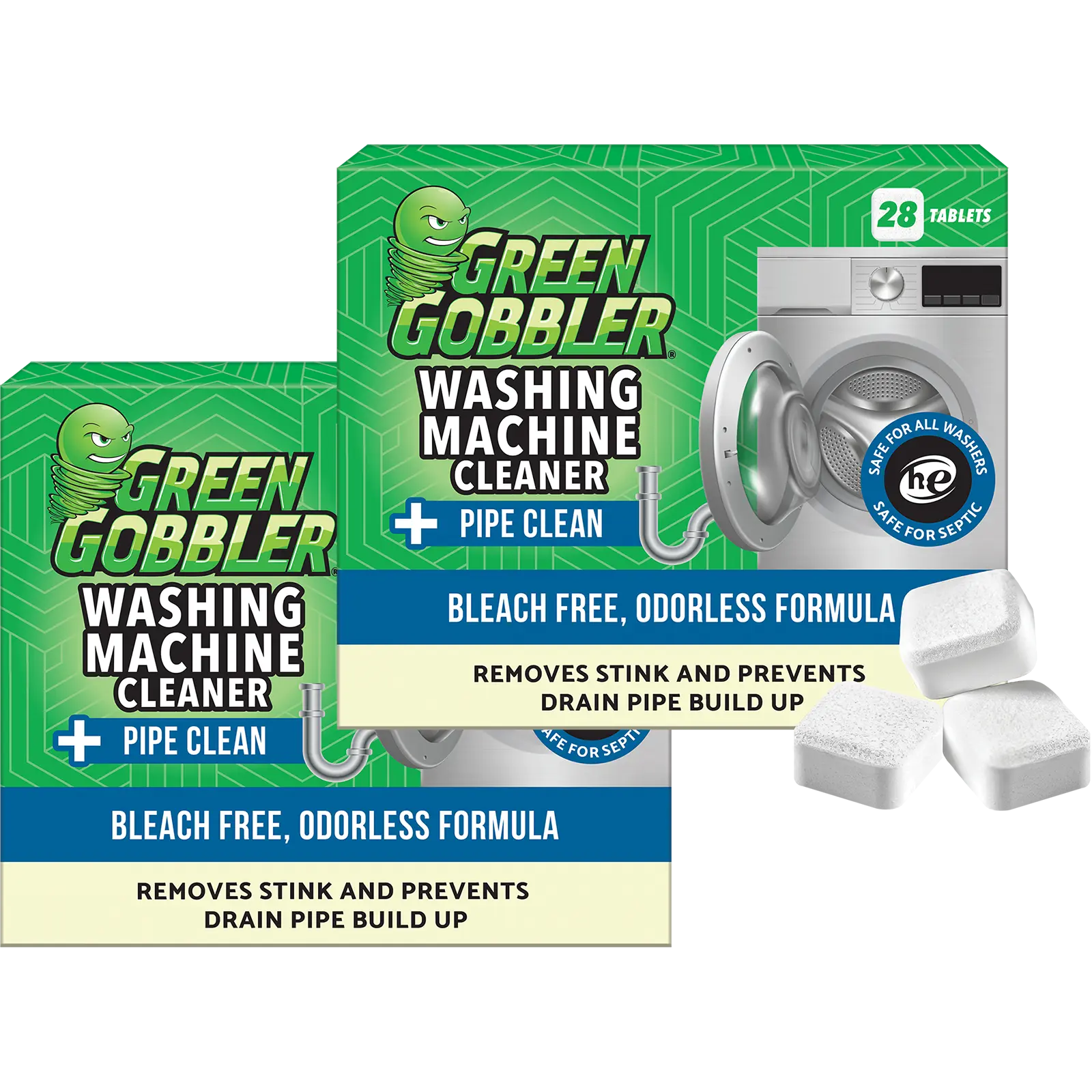 Green Gobbler Washing Machine Cleaner Tablets + Pipe Clean  - 2 Pack (28 Tablets per box)