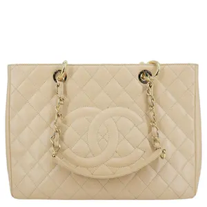 Pre-owned CHANEL Leather Tote Bags Grand Shopping Quilted Caviar GST Tote Bag Beige