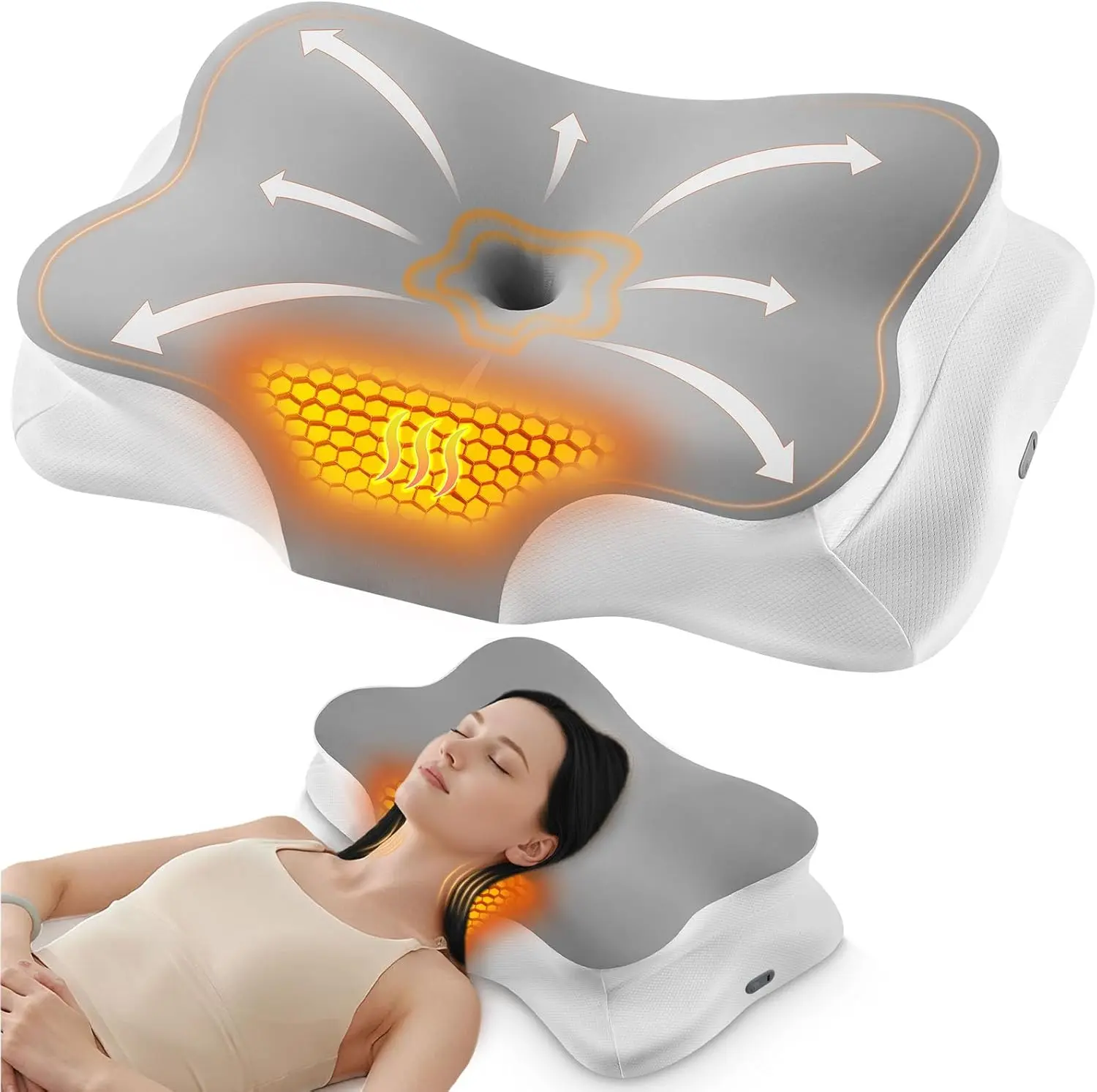 Heated Cervical Pillow for Neck Pain Relief Ergonomic Contour Orthopedic Memory Foam Pillow USB Heating Adjustable Temp Settings 3 Temperature Options Dual Height Design Cooling Pillowcase, Breathable, Certipur/Oeko-Tex Certified, Butterfly Cutout, Heat C
