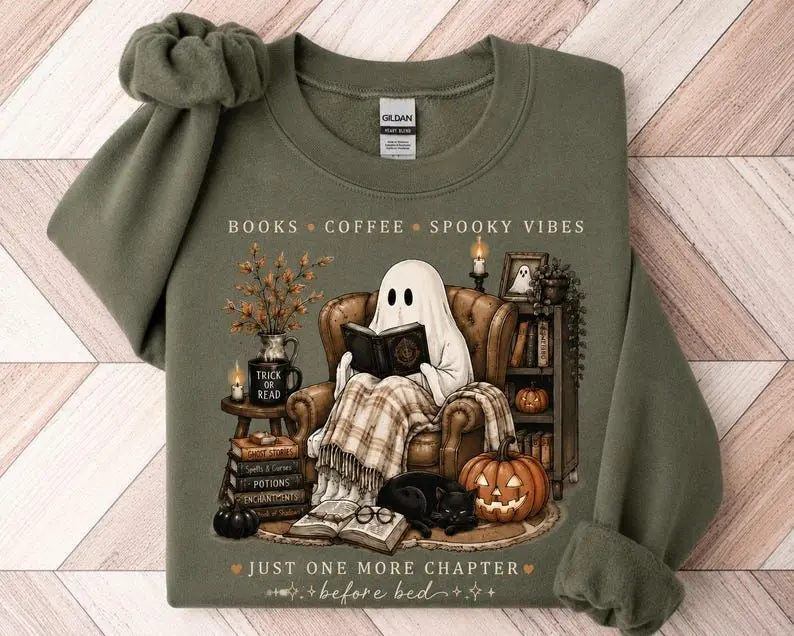 Cozy Ghost Reading Shirt, Books Coffee Spooky Vibes Shirt, Halloween Book Lover Sweatshirt, Cute Ghost Reader Tee, Fall Bookish Graphic Tee