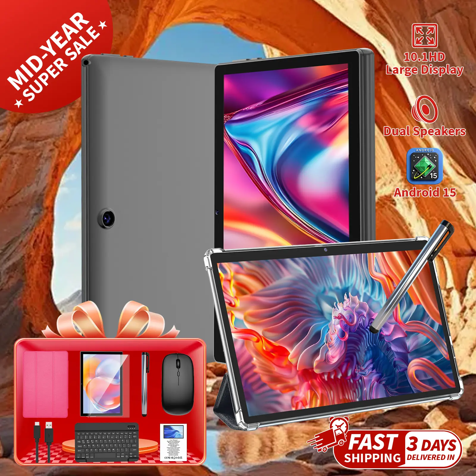 【SummerTurnUp】Relndoo 10.1-Inch Android 15 Tablet with 5G WiFi, Bluetooth, Foldable Design, Includes Keyboard, Mouse, Stylus, Case, Ideal for Those Looking for a Versatile and Functional Tablet