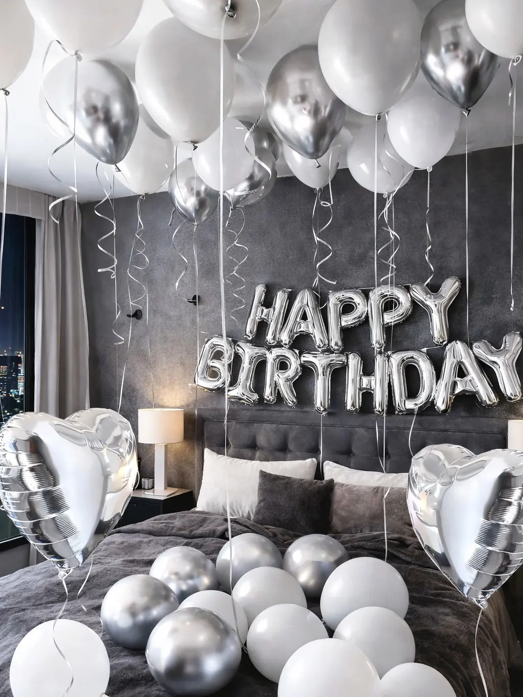 42pcs Silver White Birthday Balloon Kit, Happy Birthday Foil Letter Banner, Heart Foil Latex Balloons for Party Backdrop Decor