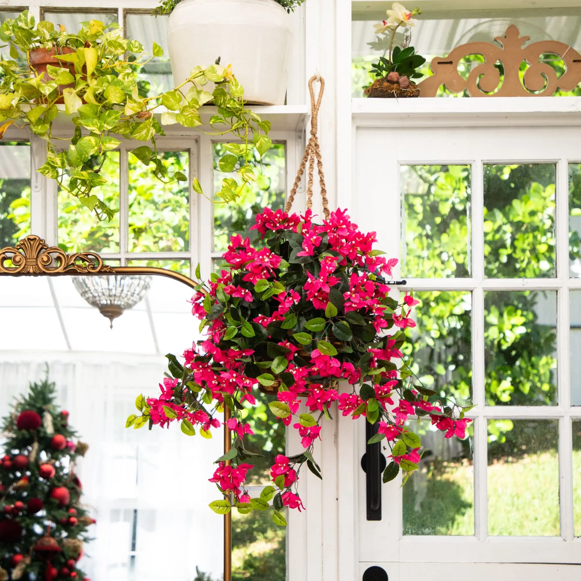 28 inches UV-Resistant Hanging Artificial Bougainvillea Basket, Decorative Fake Greenery Plants with Faux Shrubs, Floral Decor for Indoor-Outdoor Home Use, Ideal Gift