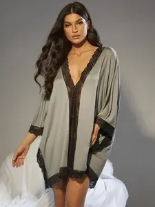 Lace Trim Dolman Sleeve Sleep Dress Designed For Cozy Fall And Winter Lounging At Home