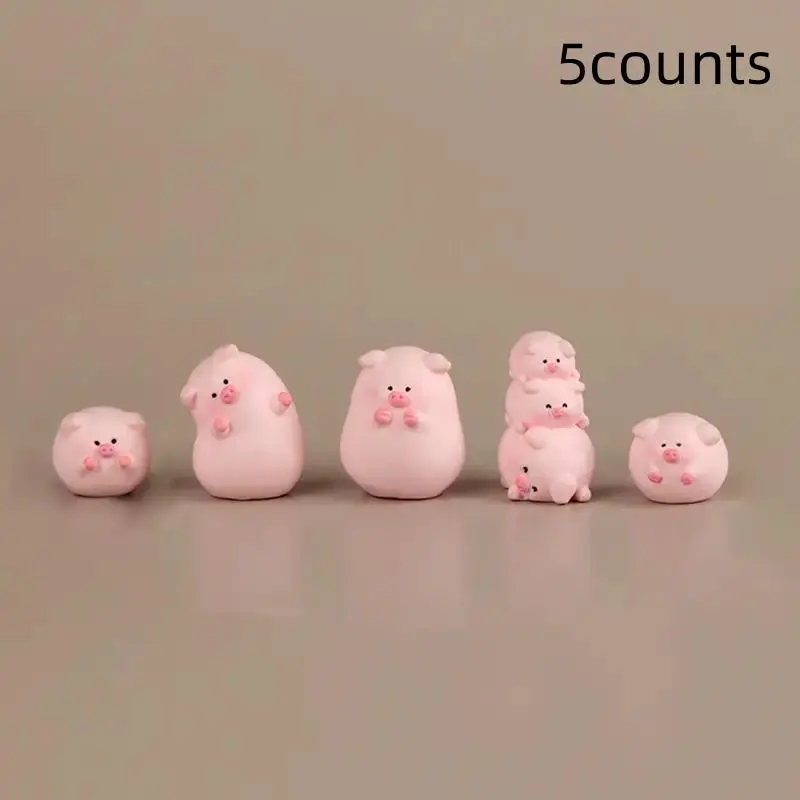 Cute Cartoon Pig Design Resin Ornament Figurines, 5 Counts/set Creative Animal Decoration Craft, Decoration Items, Home Decor Ornaments Statue, Pink Desktop Decorative Ornament, Interior Decoration Accessories for Home Office