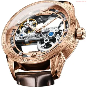 Fashion Brand OLEVS Men's Skeleton Mechanical Dress Watch Automatic Self Winding Waterproof Luminous Luxury Leather Wrist Watches