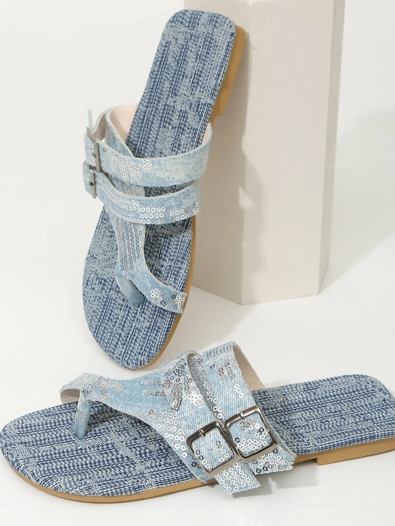 Summer Jean Sequin Sandals, Square Toe Flat Flip Flops, Casual Daily Beach Shoes, Versatile Summer Footwear, Trendy Vacation Sandals, Beach Slides Sandals