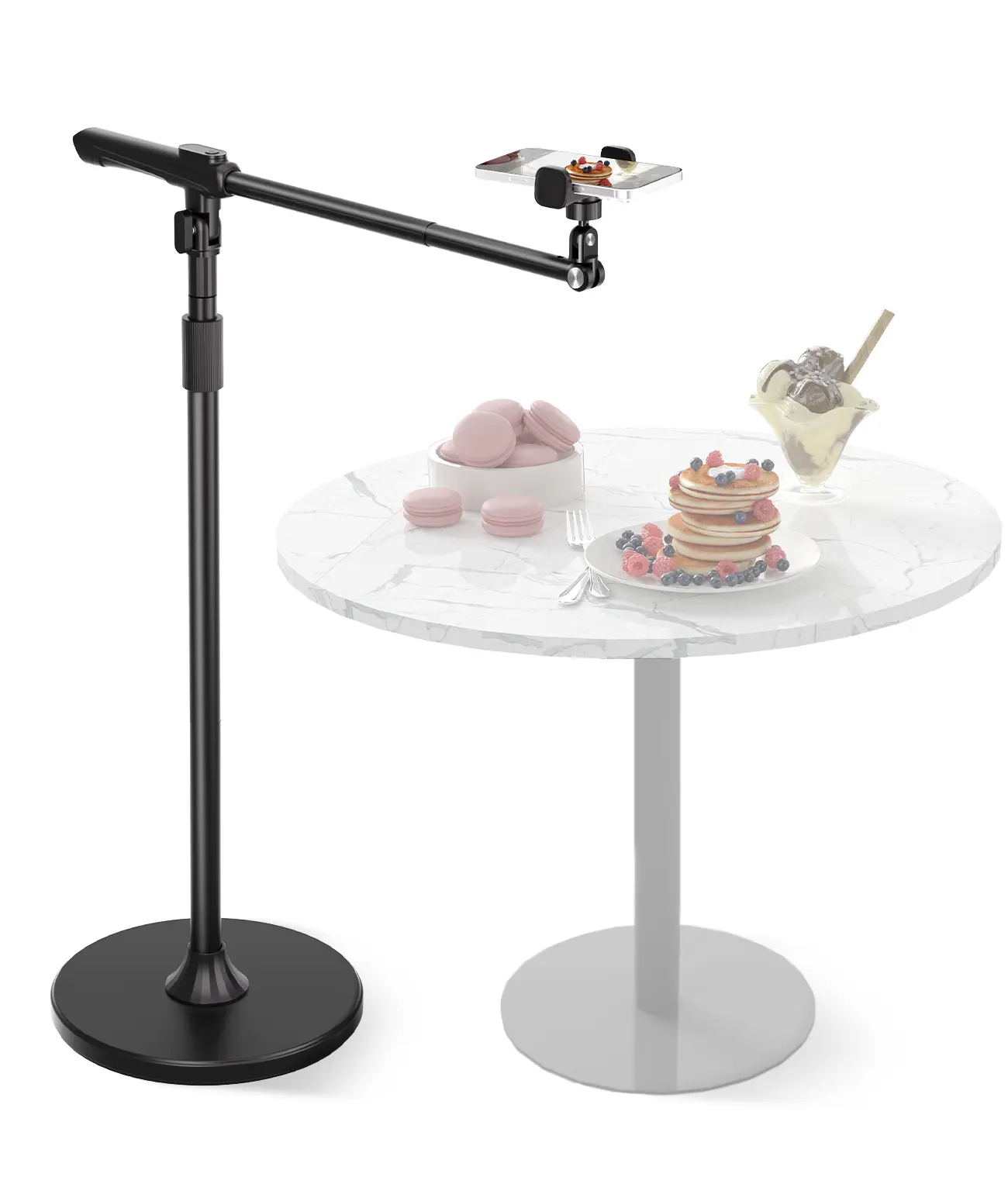 Phone Floor Stand, Overhead Phone Mount with Extendable Horizontal Arm & Remote, 360° Rotatable Extension Arm, Adjustable Tripod Stand for iPhone Video Recording, Photography, Live Streaming
