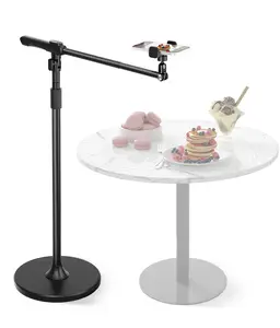 Phone Floor Stand, Overhead Phone Mount with Extendable Horizontal Arm & Remote, 360° Rotatable Extension Arm, Adjustable Tripod Stand for iPhone Video Recording, Photography, Live Streaming