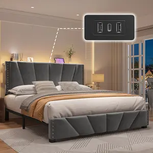 Full/Queen/King Size LED Bed Frame with Velvet Storage Headboard Platform Bed with Charging Station, No Mattress, Sturdy Wooden Slats Support