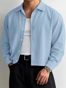 INCERUN Men's Fashion Solid Color Long Sleeve Shirt, Short Collar Design, Ideal for Daily Commuting, Casual Wear, Stylish and Comfortable, Top