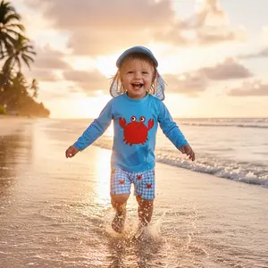 Toddler Boys Rash Guard Swimsuits Long Sleeve Crab/Elk Embroidery/Shrimp Print Tops Shorts Hat Swimwear Three Piece Sets