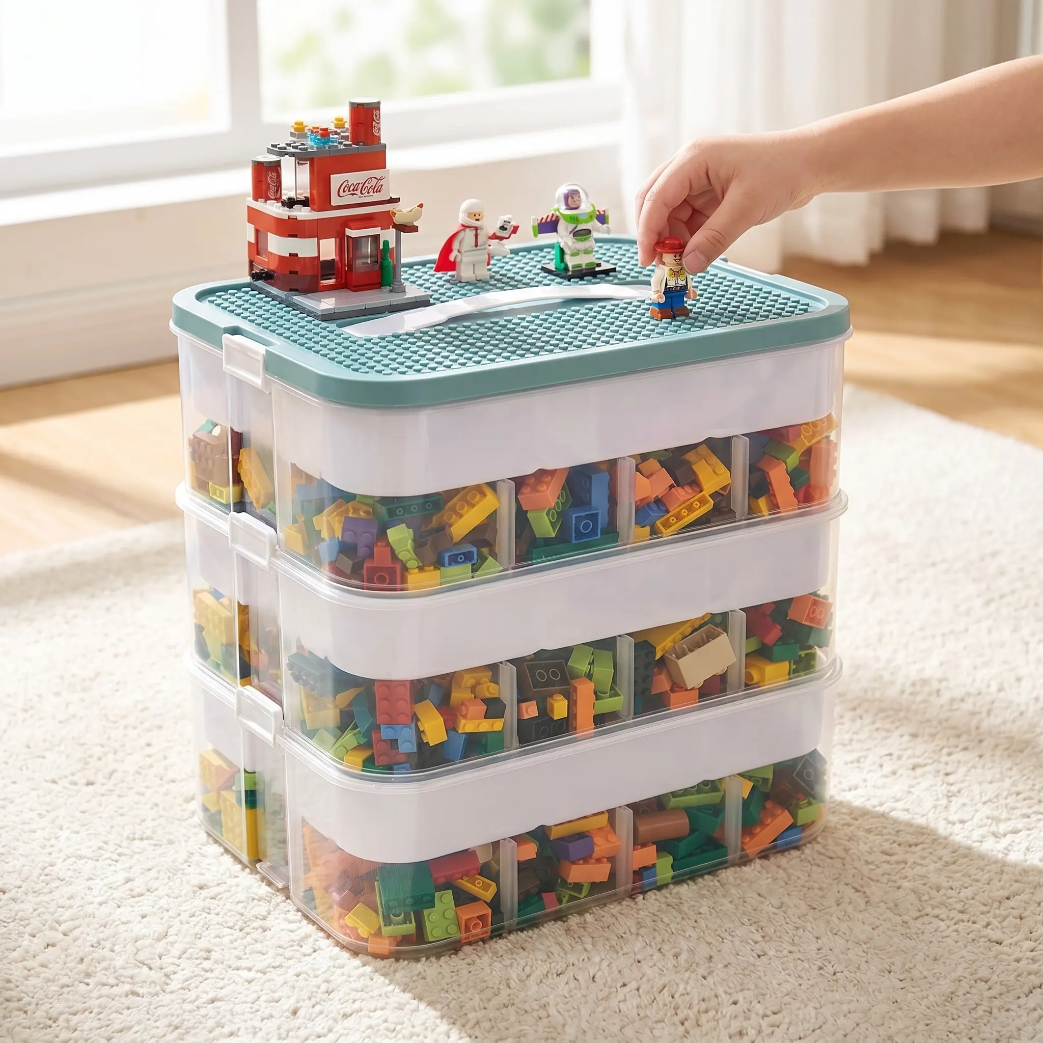 Three-Layer Stackable Kids Block Storage Box, Transparent Plastic with Lid and Adjustable Dividers, Ideal Toy Organizer Gift, Plastic Storage Boxes, Stackable Home Organizer