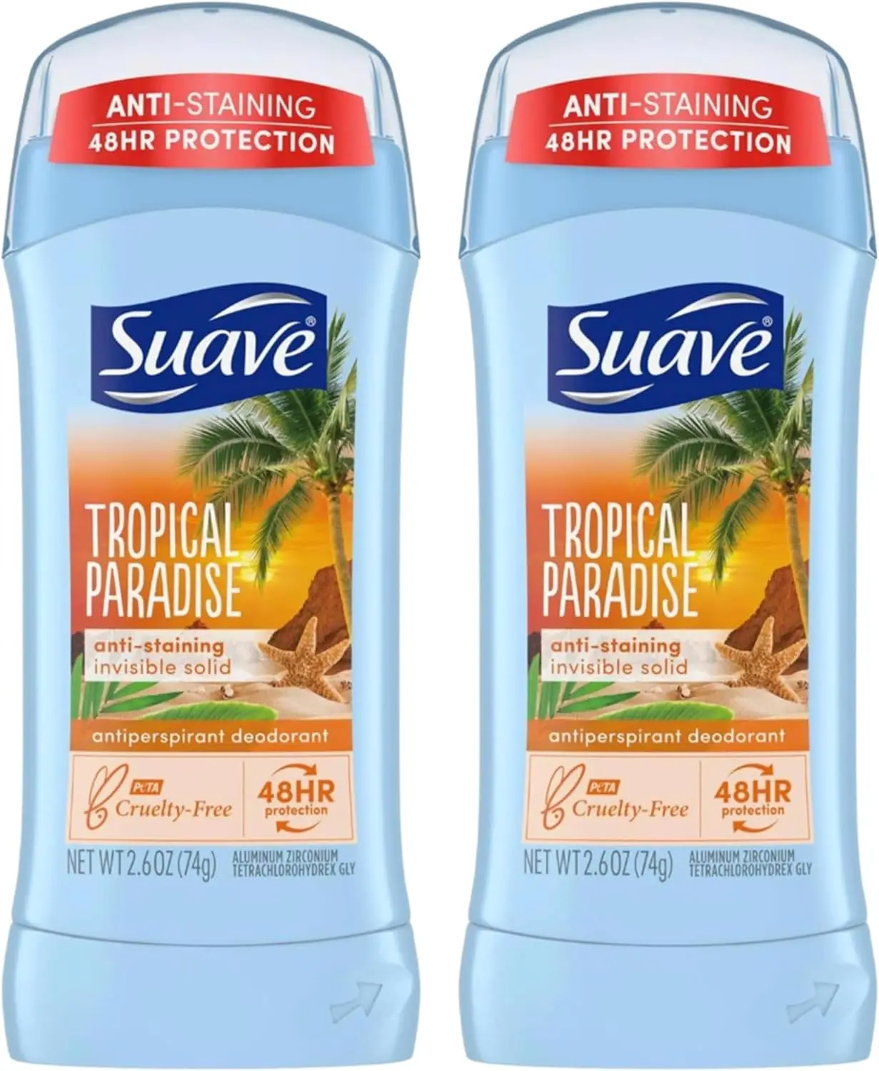 Suave Tropical Paradise Antiperspirant Deodorant Stick (2-Pack, 2.6 oz Each) – 48HR Protection, Anti-Staining Invisible Solid