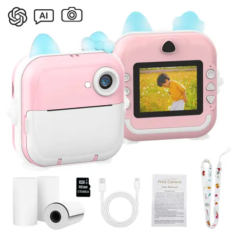 Fimear Kids Portable Rechargeable Digital Camera Toy - 1200mAh Battery, 16GB TF Card, 3 Rolls Paper, Type-C Cable, Selfie, Instant Photo Printing, Smart Image Recognition, One-Click Photo Editing, AI Chat & Creation