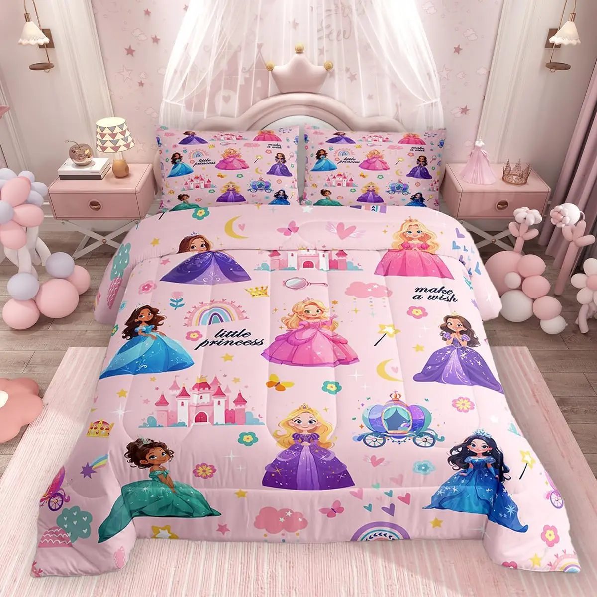 Kids Magical Princess Bedding Set Pink Castle Duvet Quilt Bedroom Decor Fairy Comforter Set Dreamy Breathable Soft Lightweight Microfiber