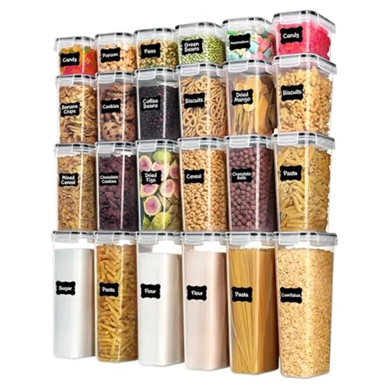 Airtight Food Storage Containers with Lids, 24 pcs Plastic Kitchen and Pantry Organization Canisters for Cereal, Dry Food, Flour and Sugar, BPA Free, Includes 24 Labels，Black