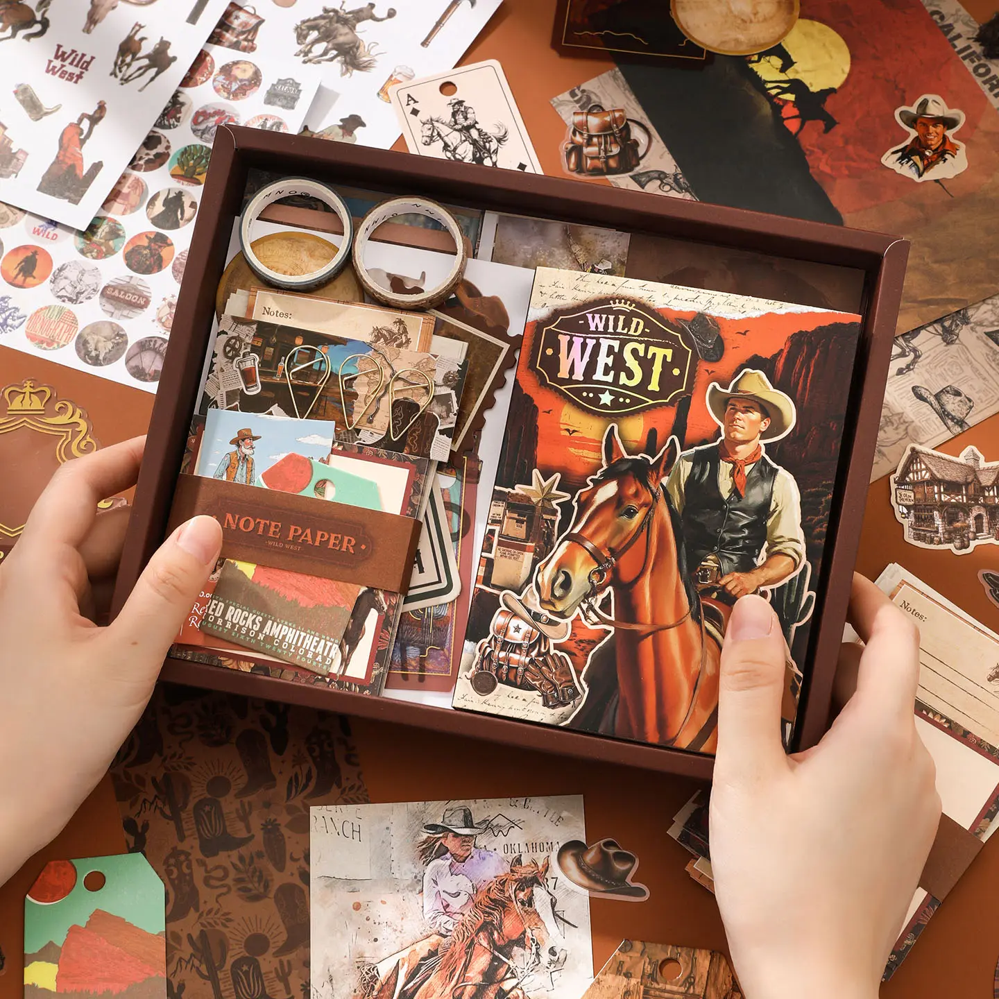 Vintage Western Cowboy Theme Sticker Box Set, Decal Sticker, Aesthetic Stickers, Fun Stickers, 148 Sheets Per Box, Includes Notebooks, Sticky Notes, Tape, Stationery Supplies, Scrapbook Accessories