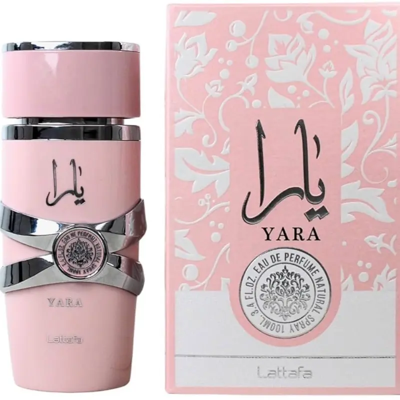 YARA Pink 3.3 oz Women's Perfume by LATTAFA - Stylish Design with Decorative Elements