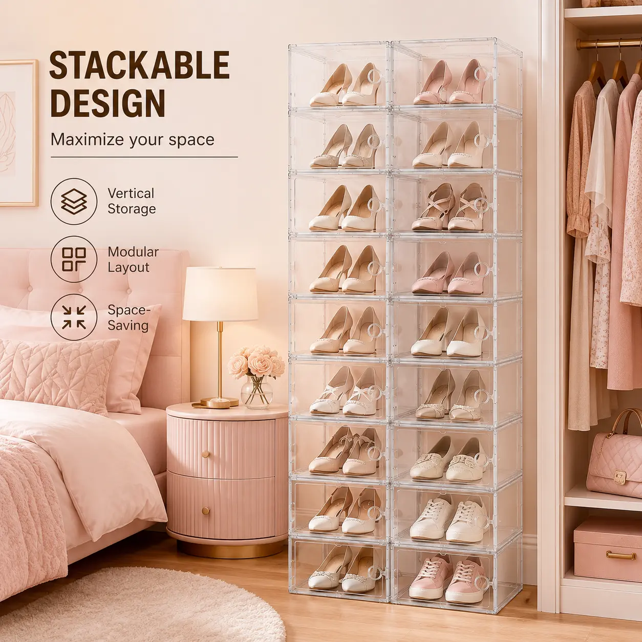 24PCS Clear Stackable Shoe Boxes with Front Opening Door, Transparent Shoe Organizer Storage Boxes, Space-Saving Sneaker Display Case for Closet, Bedroom & Entryway