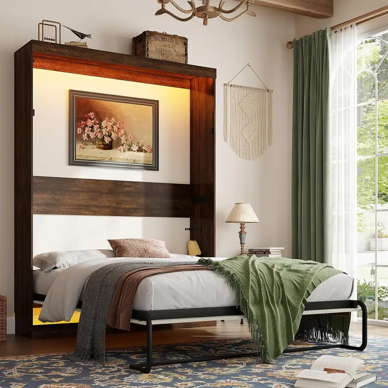 【2Packages Shipping】Queen/Full Size Murphy Bed with 2 LED Lights, Farmhouse Wood Hidden Foldable Wall Bed Frame w/Gas Struts, Storage Bed Cabinet for Bedroom, Office, Space-Saving, No Box Spring Needed, Rustic White/Brown