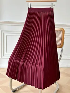 Women's Solid Pleated Long Skirt, Elegant Fashion Casual A Line for Daily Outdoor Wear, Women Bottoms for All Seasons, Solid Color Skirt