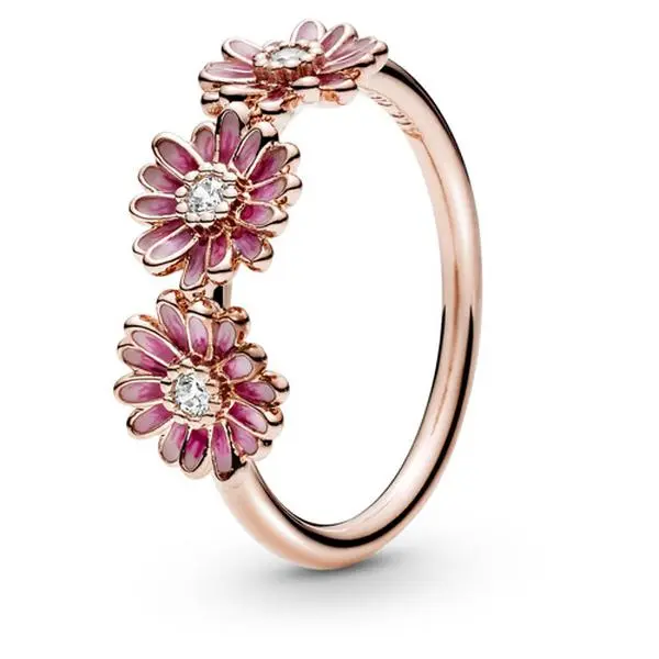 PANDORA Pink Daisy Trio Ring in 14-Karat Rose Gold-Plated Silver, a Stylish Reminder with a Hand-Painted Finish and 3 Enamel Flowers