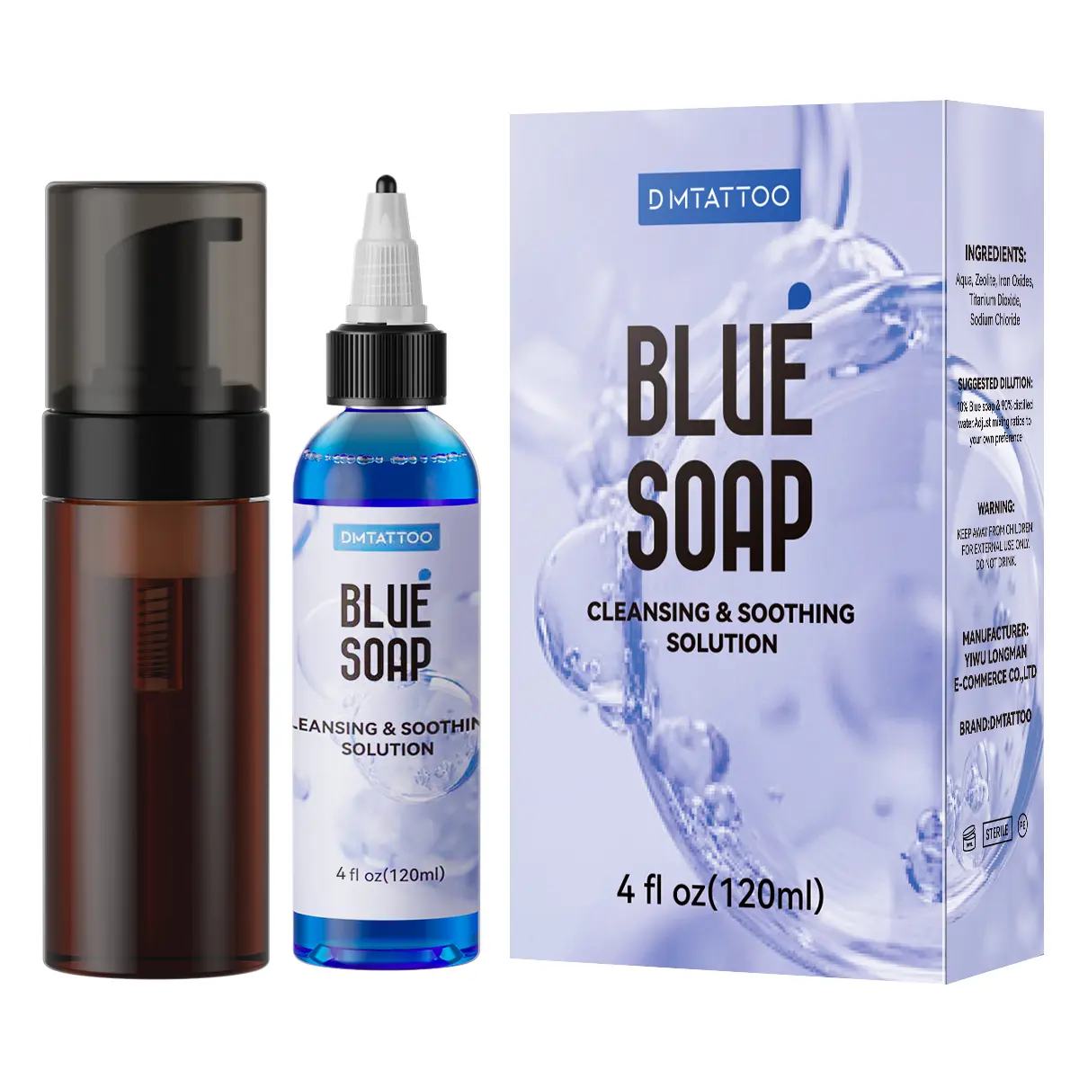 Blue Tattoo Soap Concentrate, 4 oz Cleansing and Soothing Liquid for Tattoo & Piercing Aftercare - Includes 120 ml Foaming Bottle, for Sensitive Skin, Blue Soap, All Skin Types, Light, Safe, Package