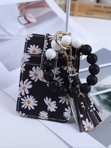 Mother's Day Gift Fresh Style Beaded Wrist Keychain, Cute Daisy Pattern Card Holder, Colorful Tassel Design, Perfect Gift for Friends & Mom, Keychain Jewelry