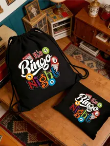 Bingo Night Drawstring Backpack - Drawstring Backpack and Zipper Small Bag, Portable Canvas Daily Bag, Simple Large Capacity Toilet Bag
