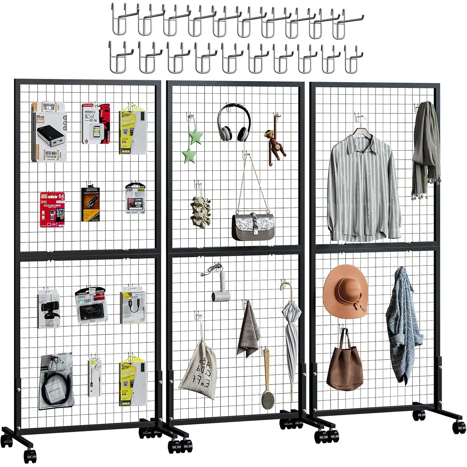 3-Pack 3x6 Ft Metal Grid Wall Clothes Racks, Heavy-Duty Sturdy Mobile Freestanding T-Base Wheels Unit with 20 Hooks, Expandable Adjustable Organiser for Home Organization, Retail Stores