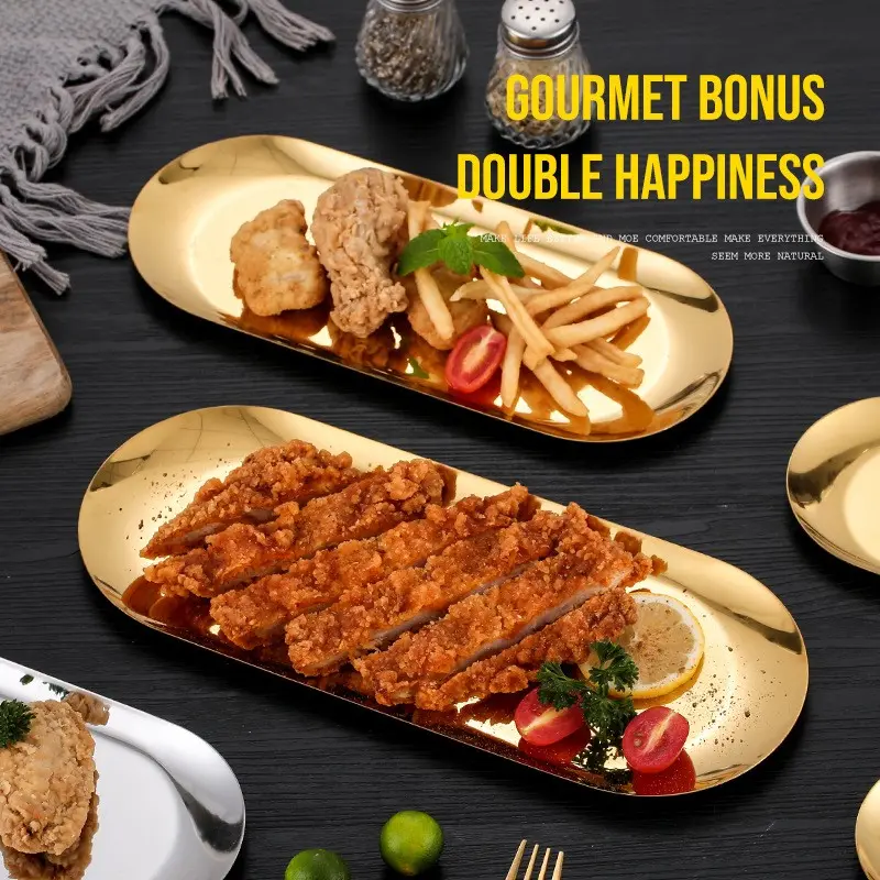4 Piece Set Stainless Steel Oval Plates, Korean Style Flat Vegetable & Snack Dessert Plates, Thickened Tableware for Home & Restaurant