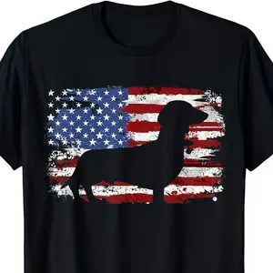 Vintage Dachshund American Flag Cotton T-Shirt, Nostalgic Dog Lover Casual Crew Neck Tee Ideal Holiday Gift Crewneck Classic