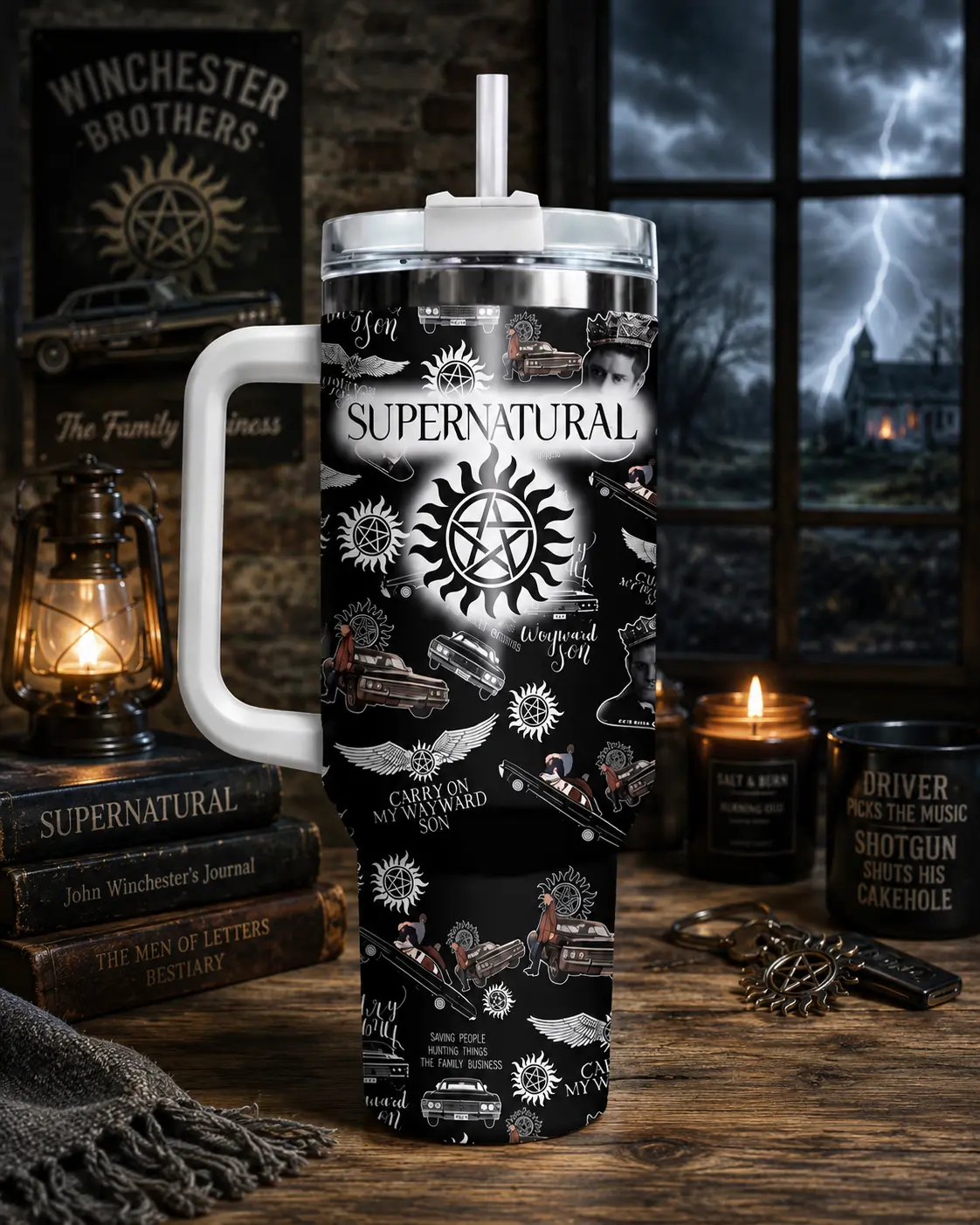 Supernatural 40oz Tumbler With Handle & Straw, Winchester Brothers Inspired Travel Cup, Carry On Wayward Son Insulated Mug, TV Fan Gift