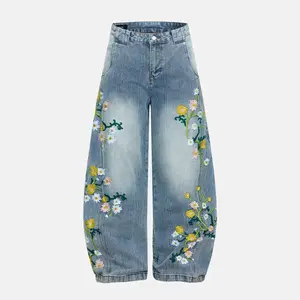 Inflation Distressed Flower Embroidered Jeans Men Women Unique Barrel Leg Streetwear Denim Pants tiktokshopspringglowup