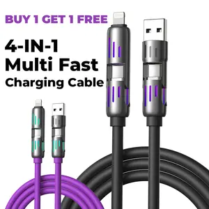 [Buy 1 get 1 free]4-in-1 USB Charging Cable, fastcharging cable USB A+ TYPE C + Lightning Multi national aluminum alloy cable management