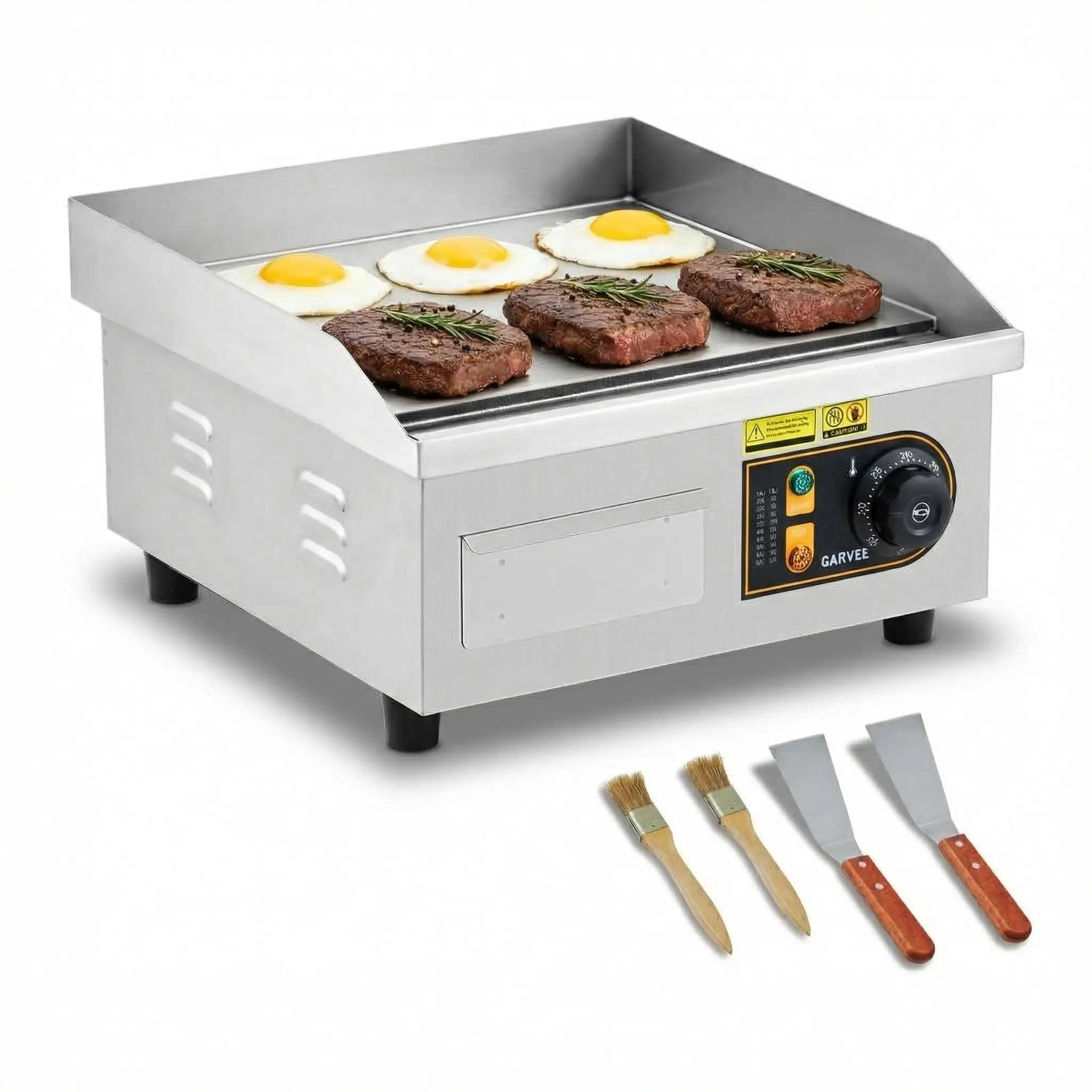 GARVEE 14” Commercial Electric Griddle, 120V 1750W Countertop Griddle, 120-570°F Adjustable Temp, Stainless Steel Electric Flat Top Grill with Removable Drip Tray for Restaurant/Kitchen/Home