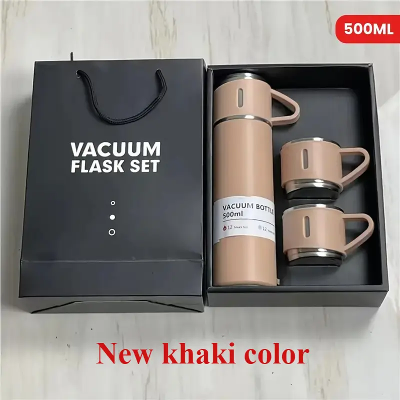 4-Piece Stainless Steel Insulated Drinkware Set - 3 Small Cups + 1 500ml/16.9oz Water Bottle, 3-Lid Portable Design, Ideal for Business/School Use, Fashionable Business Event Gift (Kitchenware Vacuum Flask)