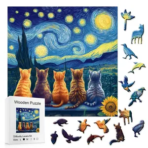 501-Piece Color Oil Painting Kitten Family Box Wooden Puzzle, Special-Shaped Adult Handmade DIY Gift, Holiday Present, Jigsaw Puzzle