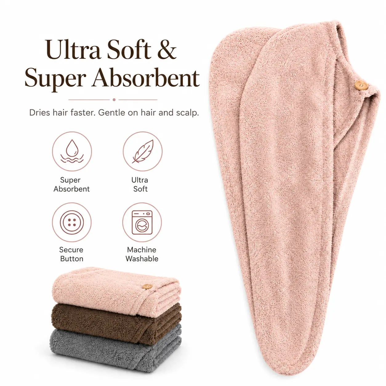 3PCS Coral Fleece Microfiber Hair Towel Wraps | Ultra-Absorbent Quick-Dry Anti-Frizz Turban Caps for Curly, Thick & Damaged Hair, Wash Day, Home & Travel
