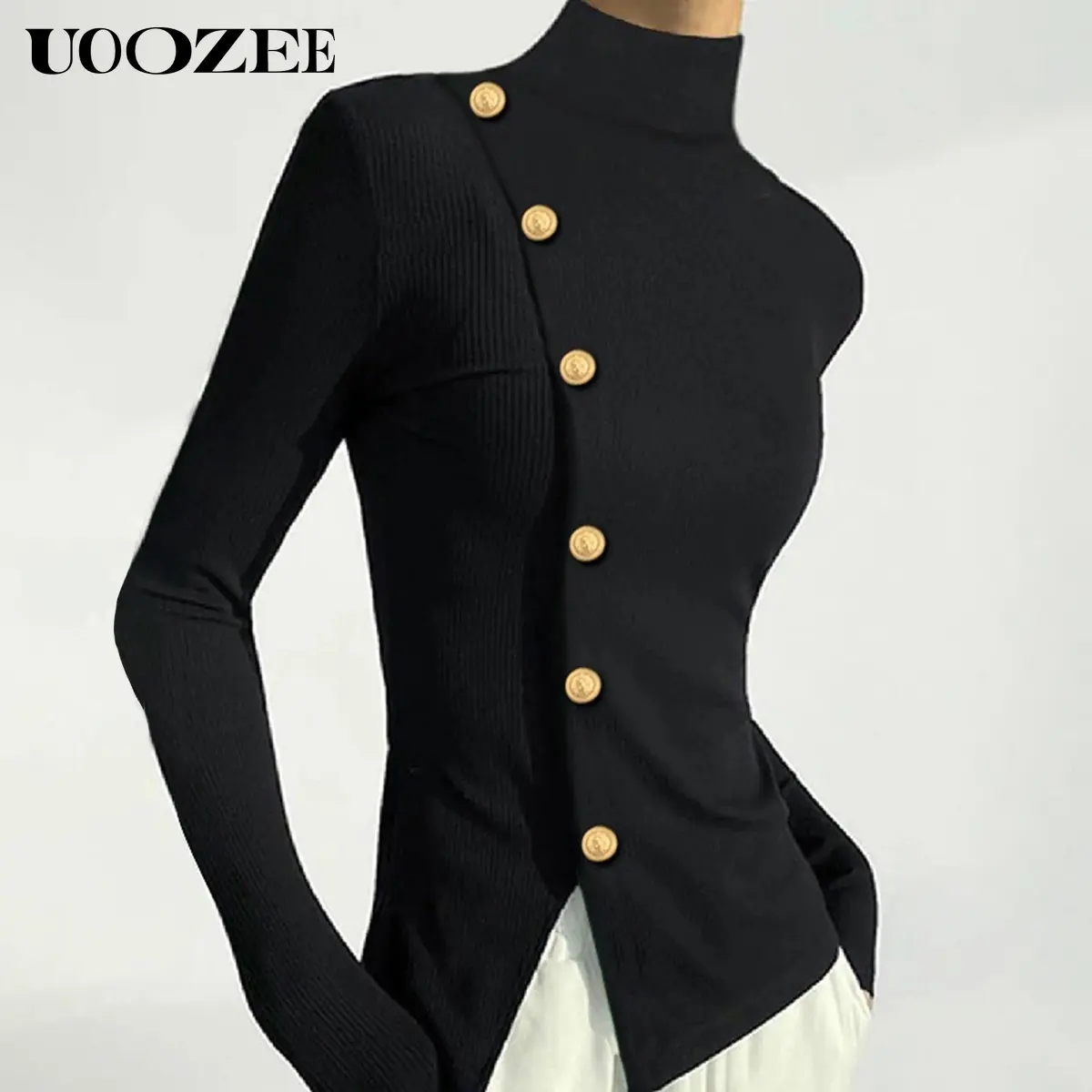 UOOZEE Women's Lady Skinny-Fit Turtleneck Knit Top - Solid Long-Sleeve Blouse with Button Detail, Comfortable Minimalist Modest Fashion, Fall Office Outfits Women, Dress Casual Going Out Wear