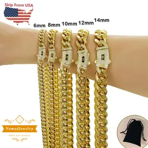 14k Gold Plated Cuban Link Chain exquisite Necklace Golden Stainless Steel Iced Out Clasp Hip Hop Jewelry for Men/ Women 6/8/10/12/14mm stack personalize fathersdaygifts