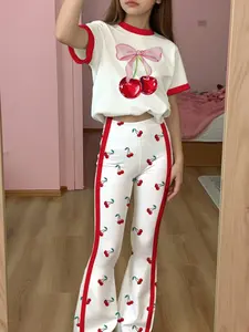Girls Cherry Print Short Sleeve Top and Bell Bottoms Set, Cute Clothing Set, Casual Comfort Fit, Round Neck, All Seasons Wear