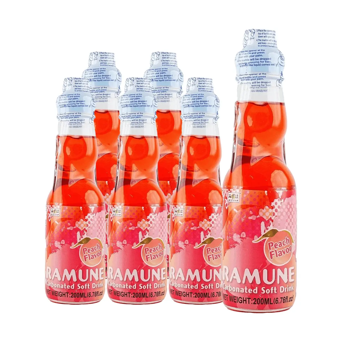 MIZUHO Japanese Peach Flavored Ramune Soda - 6 Pack (200ml Bottles) - Authentic Japanese Drink